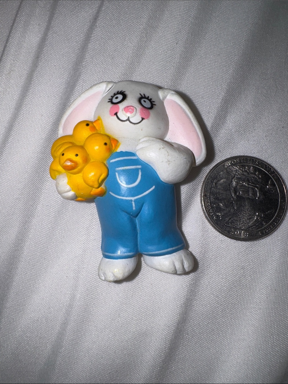 White Bunny Pin with Blue Overalls and Yellow Chicks -